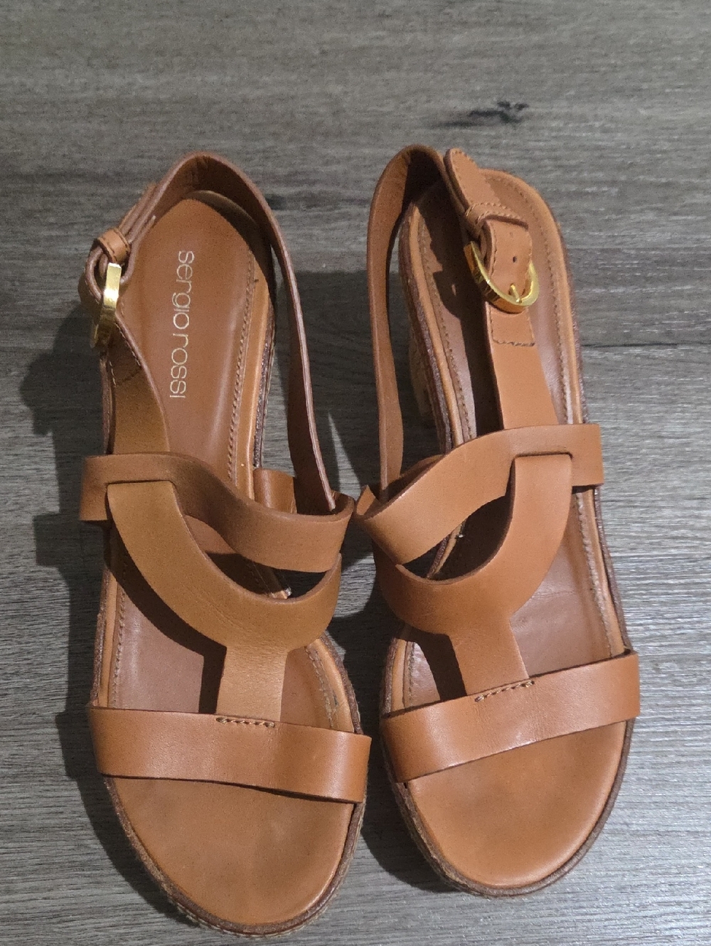 Sergio Rossi Cognac Leather Cutout Slingback Sandals